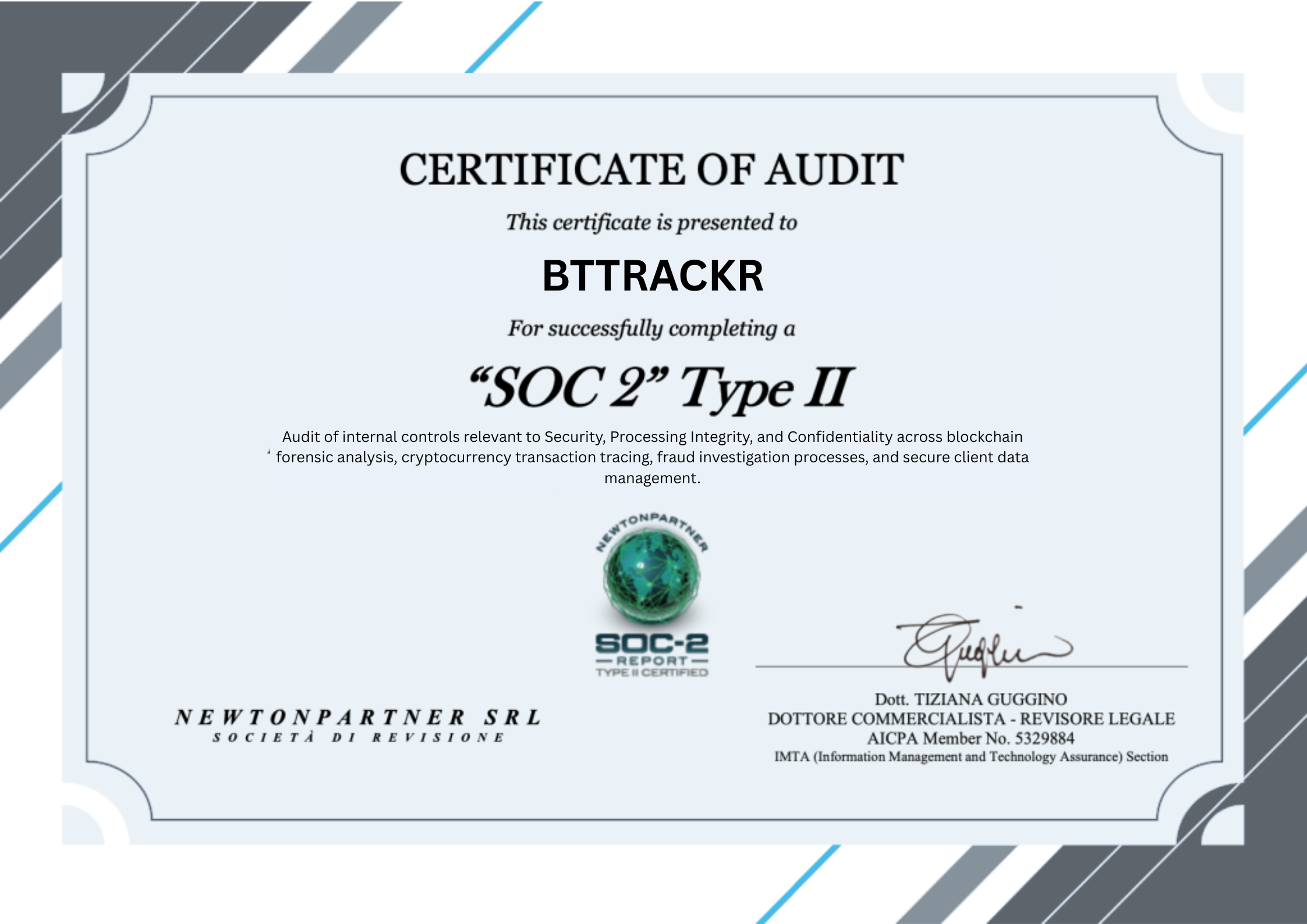 SOC 2 Type II Certificate — bttrackr security compliance
